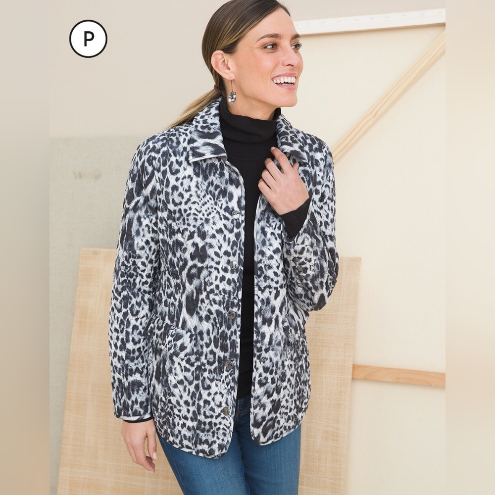 Chicos Leopard Print Quilted Lightweight Jacket Black White Animal Print Small